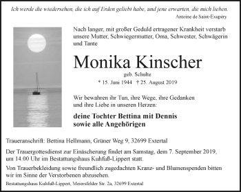 Anzeige  Monika Kinscher  Lippische Landes-Zeitung