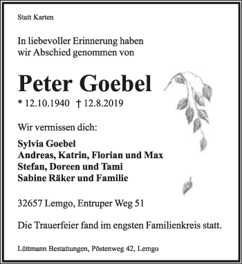 Anzeige  Peter Goebel  Lippische Landes-Zeitung