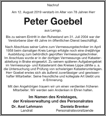 Anzeige  Peter Goebel  Lippische Landes-Zeitung