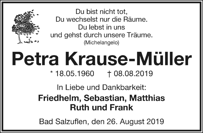  Traueranzeige für Petra Krause-Müller vom 31.08.2019 aus Lippische Landes-Zeitung