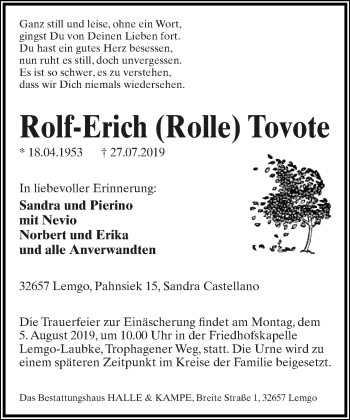 Anzeige  Rolf-Erich Tovote  Lippische Landes-Zeitung
