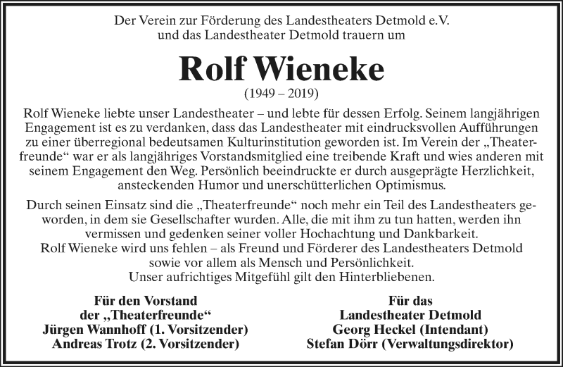 Traueranzeige für Rolf Wieneke vom 24.08.2019 aus Lippische Landes-Zeitung