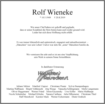 Anzeige  Rolf Wieneke  Lippische Landes-Zeitung