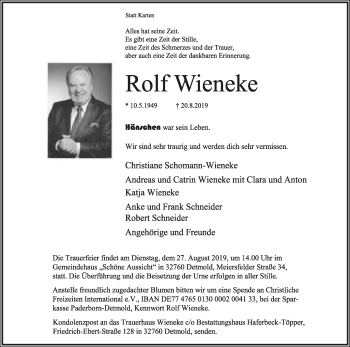 Anzeige  Rolf Wieneke  Lippische Landes-Zeitung