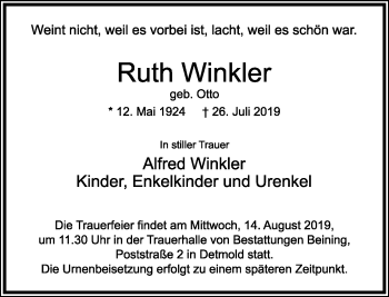 Anzeige  Ruth Winkler  Lippische Landes-Zeitung