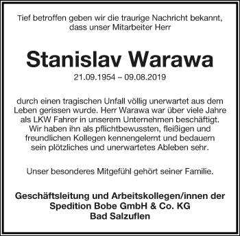 Anzeige  Stanislav Warawa  Lippische Landes-Zeitung