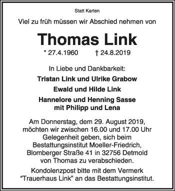 Anzeige  Thomas Link  Lippische Landes-Zeitung
