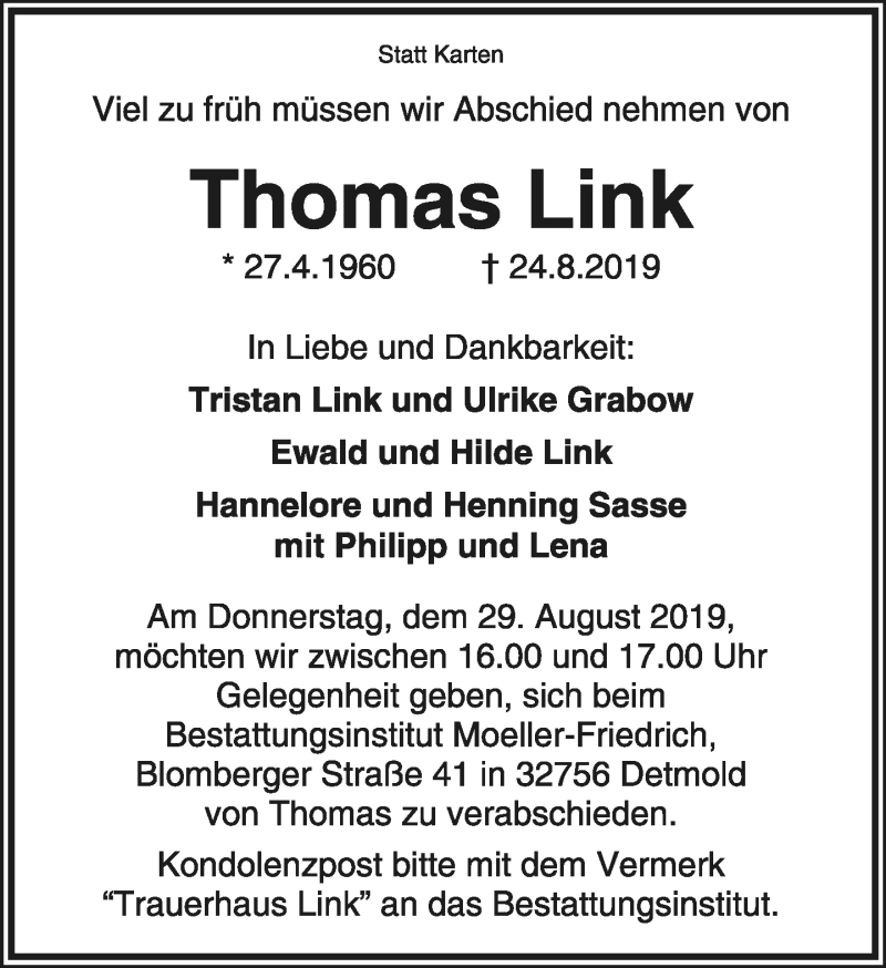  Traueranzeige für Thomas Link vom 27.08.2019 aus Lippische Landes-Zeitung