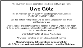 Anzeige  Uwe Götz  Lippische Landes-Zeitung