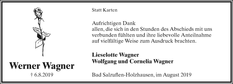  Traueranzeige für Werner Wagner vom 31.08.2019 aus Lippische Landes-Zeitung
