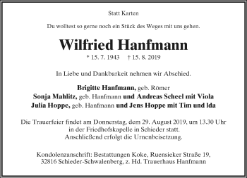 Anzeige  Wilfried Hanfmann  Lippische Landes-Zeitung