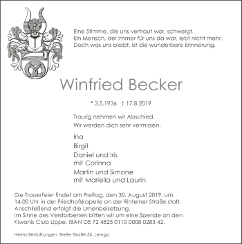 Anzeige  Winfried Becker  Lippische Landes-Zeitung