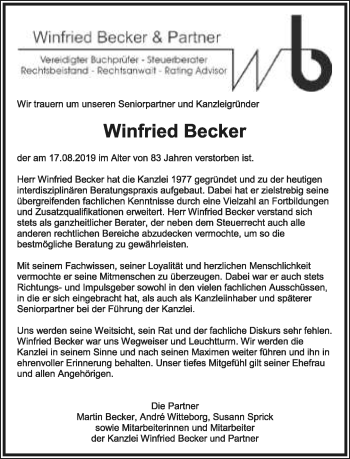 Anzeige  Winfried Becker  Lippische Landes-Zeitung