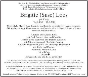 Anzeige  Brigitte (Suse) Loos  Lippische Landes-Zeitung