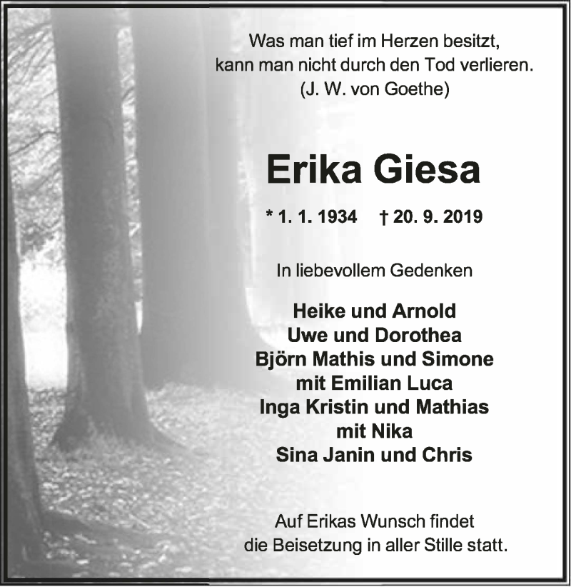  Traueranzeige für Erika Giesa vom 24.09.2019 aus Lippische Landes-Zeitung