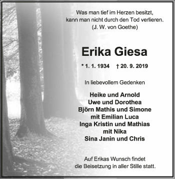 Anzeige  Erika Giesa  Lippische Landes-Zeitung