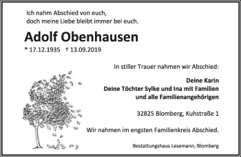 Anzeige  Adolf Obenhausen  Lippische Landes-Zeitung