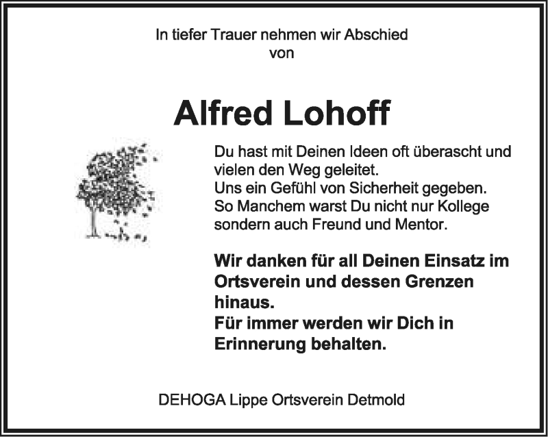  Traueranzeige für Alfred Lohoff vom 21.09.2019 aus Lippische Landes-Zeitung