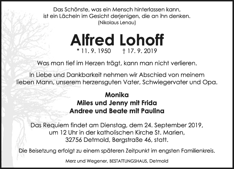  Traueranzeige für Alfred Lohoff vom 21.09.2019 aus Lippische Landes-Zeitung