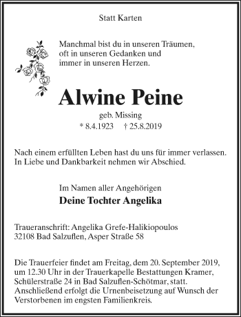Anzeige  Alwine Peine  Lippische Landes-Zeitung