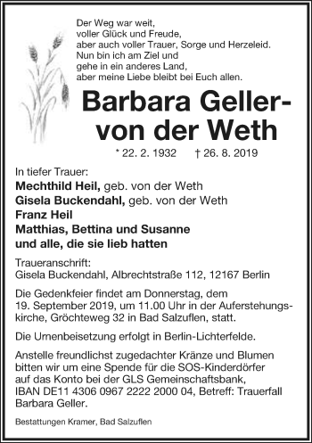 Anzeige  Barbara  Geller-von der Weth  Lippische Landes-Zeitung