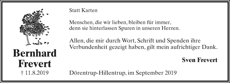  Traueranzeige für Bernhard Frevert vom 07.09.2019 aus Lippische Landes-Zeitung