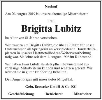 Anzeige  Brigitta Lubitz  Lippische Landes-Zeitung