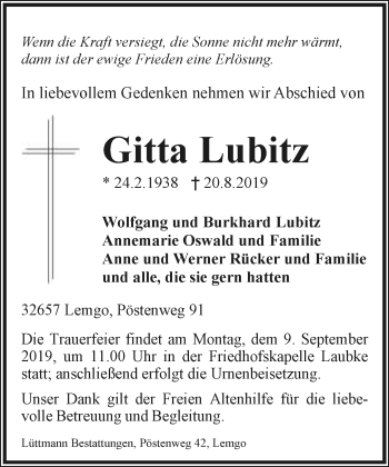Anzeige  Brigitta Lubitz  Lippische Landes-Zeitung