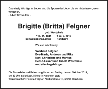 Anzeige  Brigitte Felgner  Lippische Landes-Zeitung