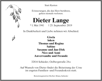 Anzeige  Dieter Lange  Lippische Landes-Zeitung