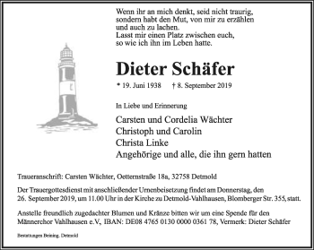 Anzeige  Dieter Schäfer  Lippische Landes-Zeitung