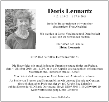 Anzeige  Doris Lennartz  Lippische Landes-Zeitung