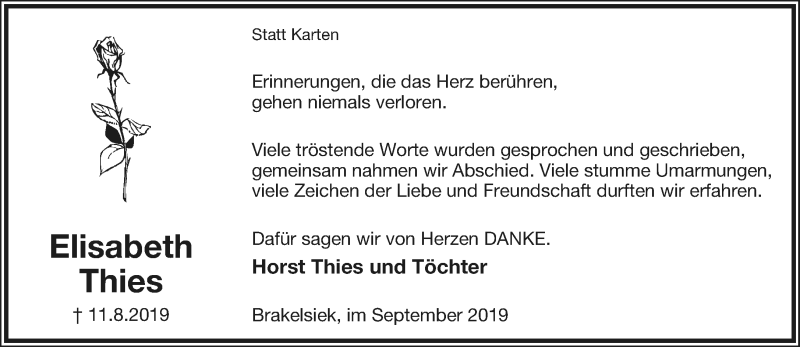  Traueranzeige für Elisabeth Thies vom 14.09.2019 aus Lippische Landes-Zeitung