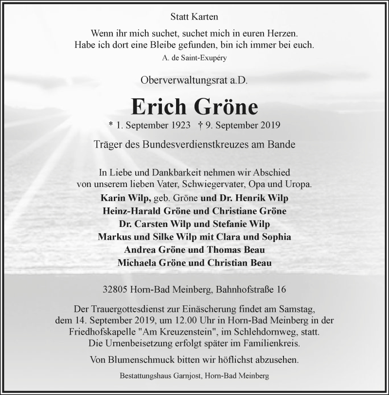  Traueranzeige für Erich Gröne vom 11.09.2019 aus Lippische Landes-Zeitung