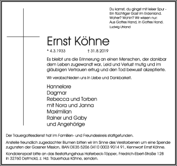 Anzeige  Ernst Köhne  Lippische Landes-Zeitung