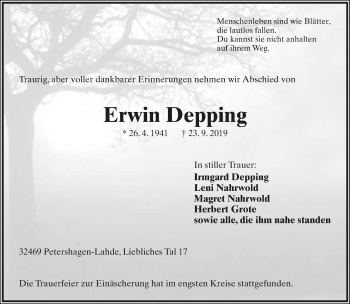 Anzeige  Erwin Depping  Lippische Landes-Zeitung