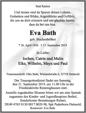 Anzeige  Eva Bath  Lippische Landes-Zeitung