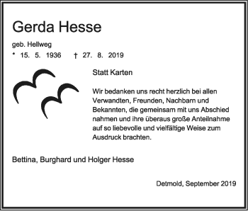 Anzeige  Gerda Hesse  Lippische Landes-Zeitung