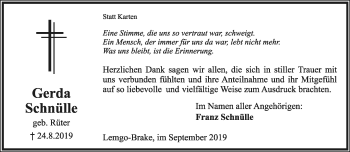 Anzeige  Gerda Schnülle  Lippische Landes-Zeitung