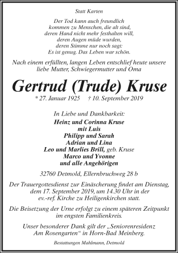 Anzeige  Gertrud  Kruse  Lippische Landes-Zeitung