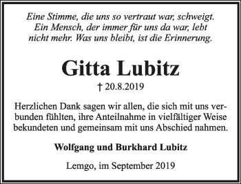 Anzeige  Brigitta Lubitz  Lippische Landes-Zeitung