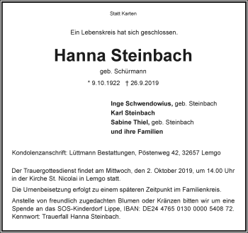 Anzeige  Hanna Steinbach  Lippische Landes-Zeitung