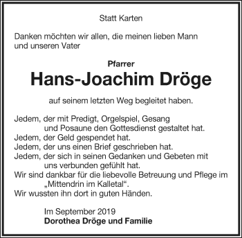 Anzeige  Hans-Joachim Dröge  Lippische Landes-Zeitung