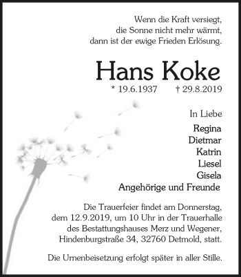 Anzeige  Hans Koke  Lippische Landes-Zeitung