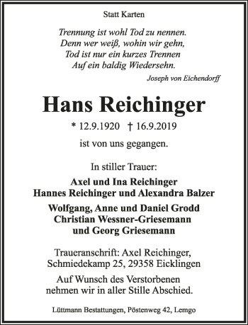Anzeige  Hans Reichinger  Lippische Landes-Zeitung