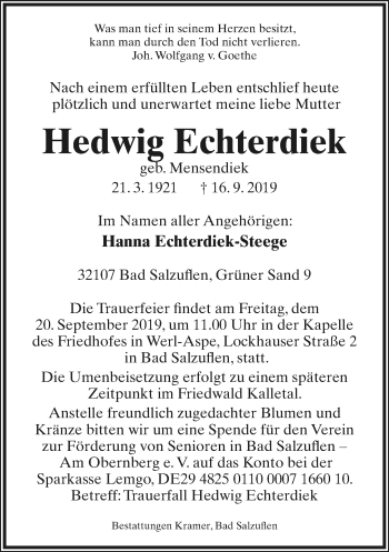 Anzeige  Hedwig Echterdiek  Lippische Landes-Zeitung