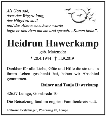 Anzeige  Heidrun Hawerkamp  Lippische Landes-Zeitung
