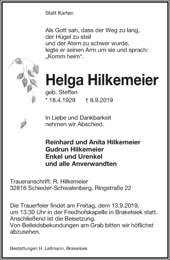 Anzeige  Helga Hilkemeier  Lippische Landes-Zeitung