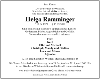 Anzeige  Helga Ramminger  Lippische Landes-Zeitung