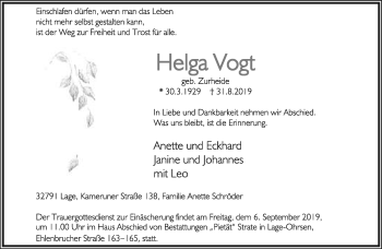 Anzeige  Helga Vogt  Lippische Landes-Zeitung